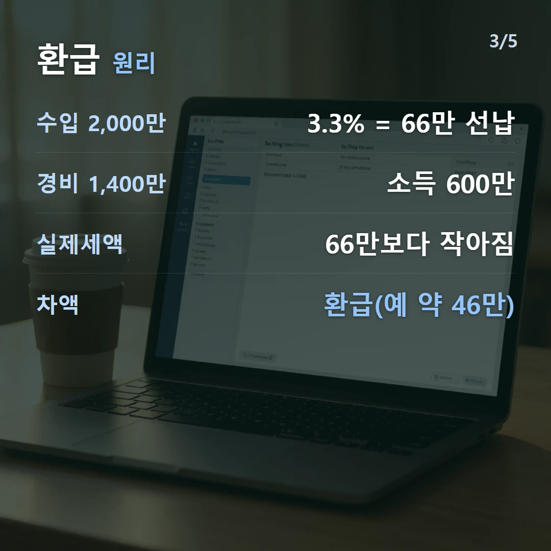 환급 원리 — 수입 2,000만 3.3% = 66만 선납, 경비 1,400만 소득 600만, 실제세액 66만보다 작아짐, 차액 환급(예 약 46만)