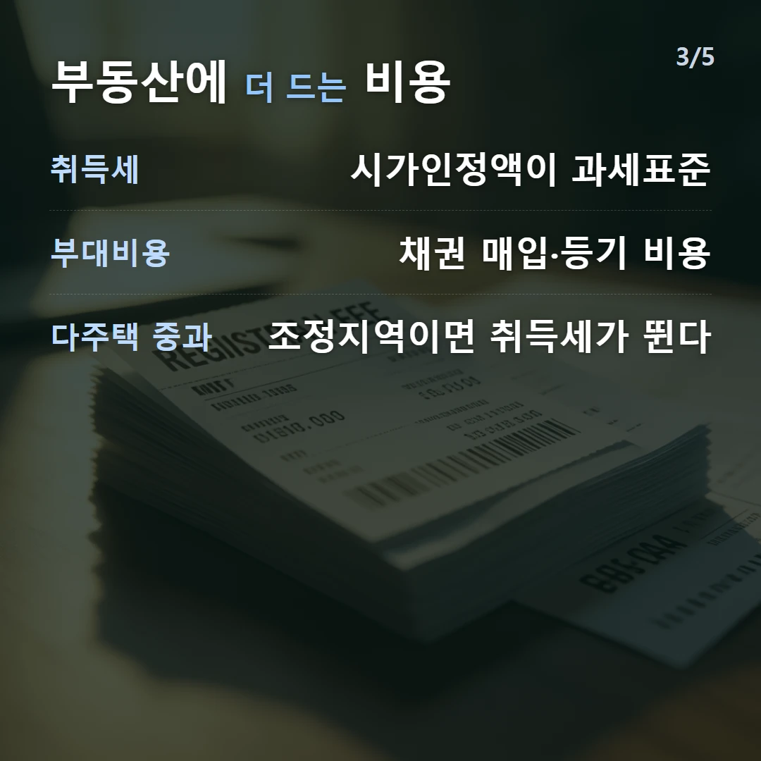 부동산에 더 드는 비용 — 취득세 시가인정액이 과세표준, 부대비용 채권 매입·등기 비용, 다주택 중과 조정지역이면 취득세가 뛴다