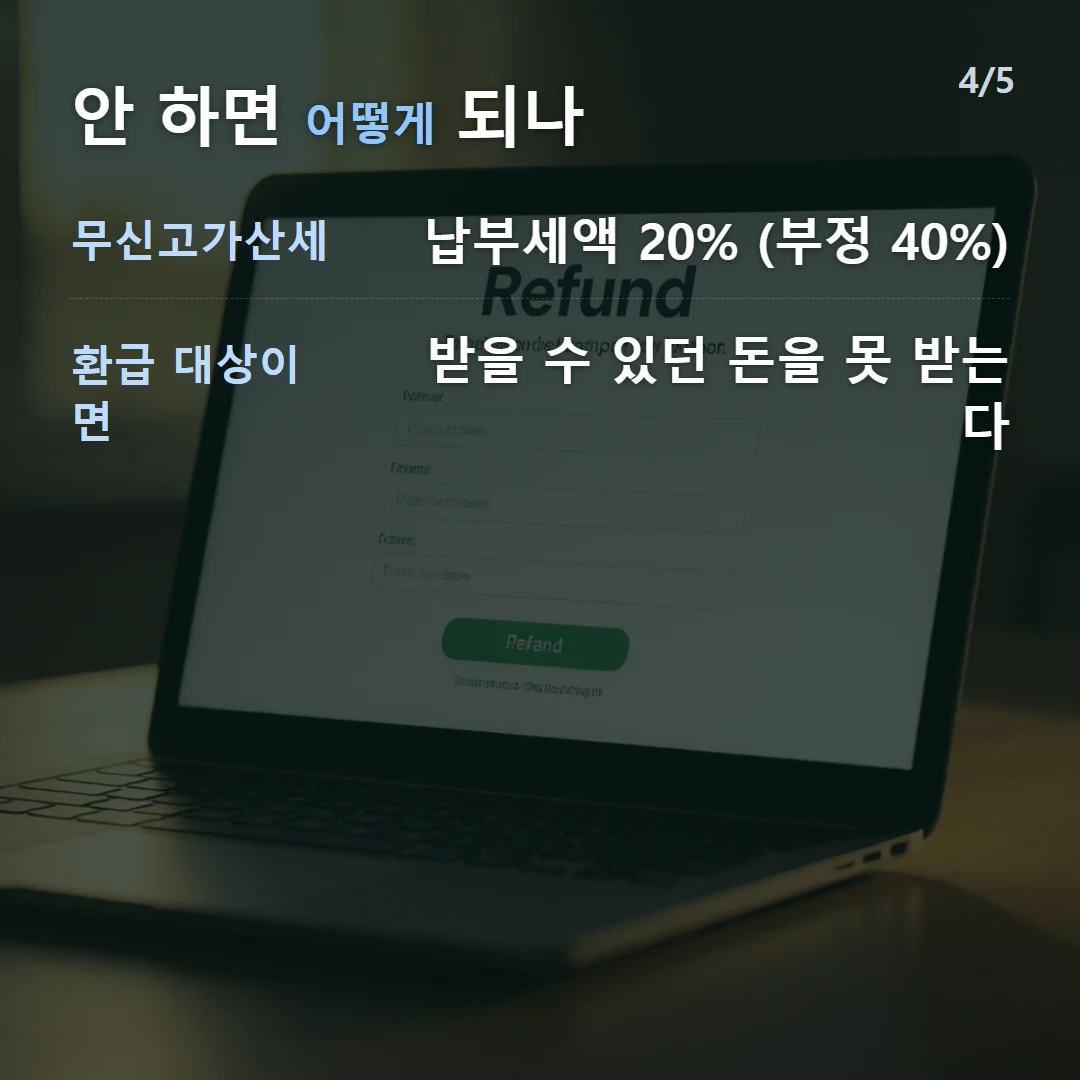 안 하면 어떻게 되나 — 무신고가산세 납부세액 20% (부정 40%), 환급 대상이면 받을 수 있던 돈을 못 받는다
