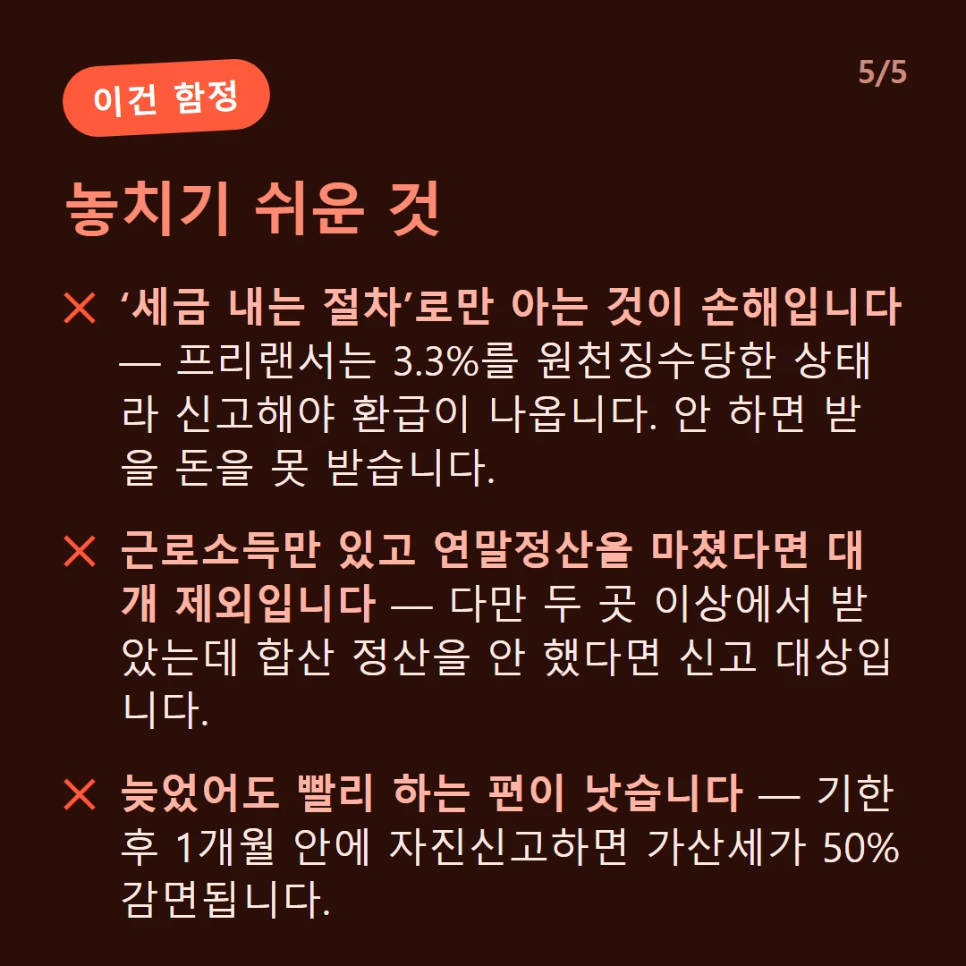 놓치기 쉬운 것 — ‘세금 내는 절차’로만 아는 것이 손해입니다 — 프리랜서는 3.3%를 원천징수당한 상태라 신고해야 환급이 나옵니다. 안 하면 받을 돈을 못 받습니다. / 근로소득만 있고 연말정산을 마쳤다면 대개 제외입니다 — 다만 두 곳 이상에서 받았는데 합산 정산을 안 했다면 신고 대상입니다. / 늦었어도 빨리 하는 편이 낫습니다 — 기한 후 1개월 안에 자진신고하면 가산세가 50% 감면됩니다.