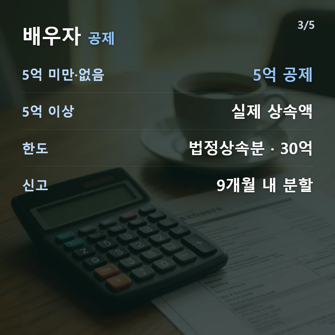 배우자 공제 — 5억 미만·없음 5억 공제, 5억 이상 실제 상속액, 한도 법정상속분 · 30억, 신고 9개월 내 분할