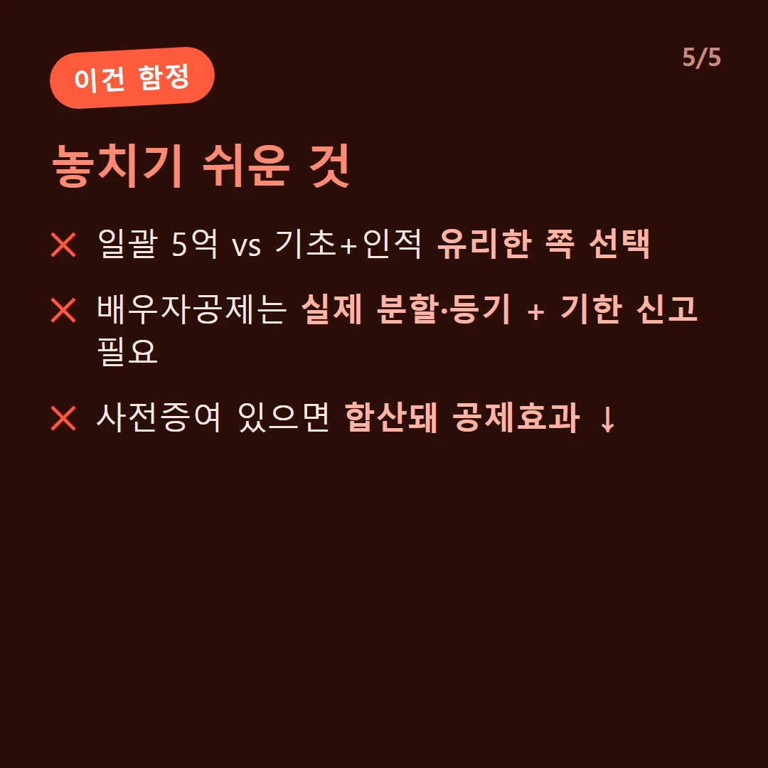 놓치기 쉬운 것 — 일괄 5억 vs 기초+인적 유리한 쪽 선택 / 배우자공제는 실제 분할·등기 + 기한 신고 필요 / 사전증여 있으면 합산돼 공제효과 ↓
