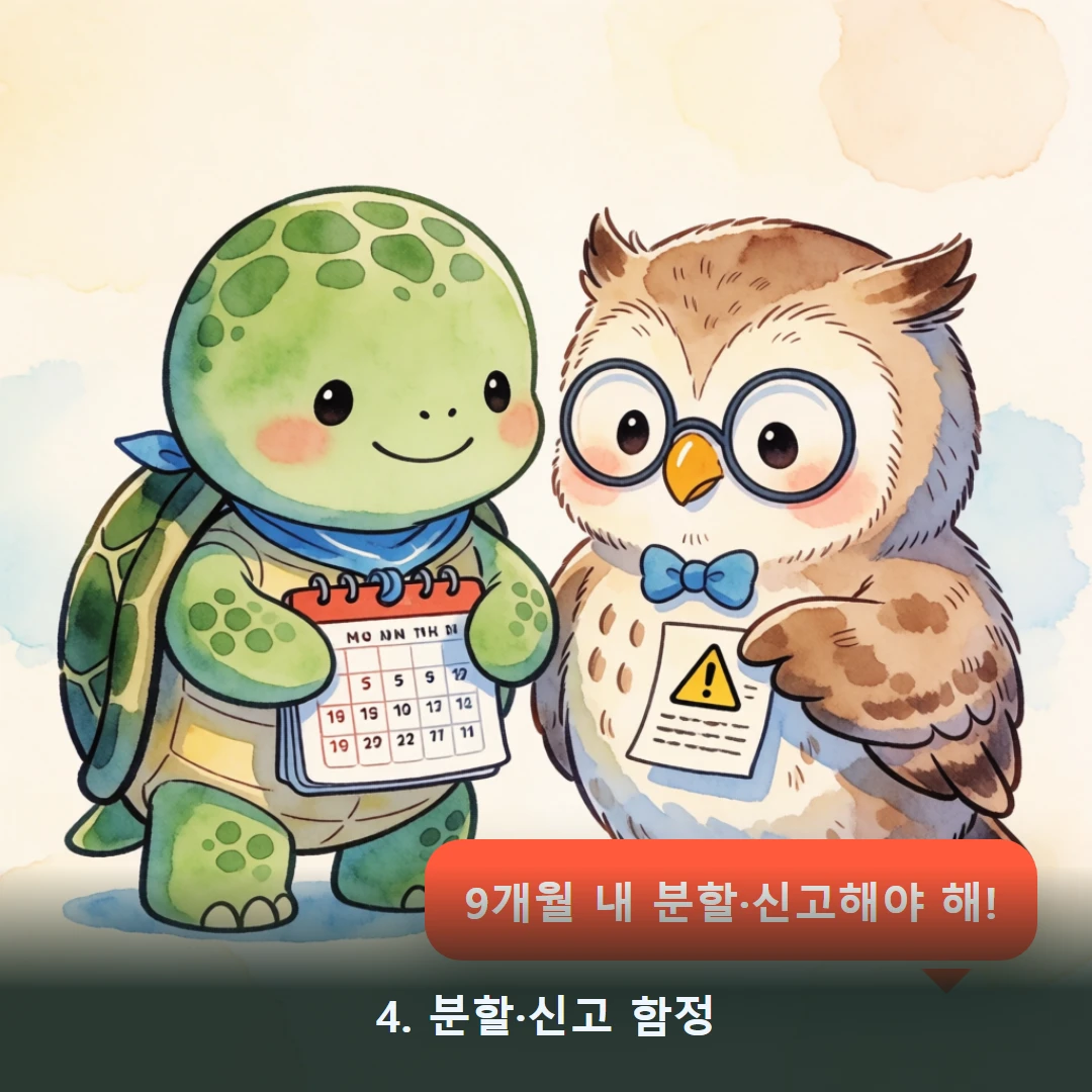 웹툰 4컷 — 4. 분할·신고 함정 (9개월 내 분할·신고해야 해!)