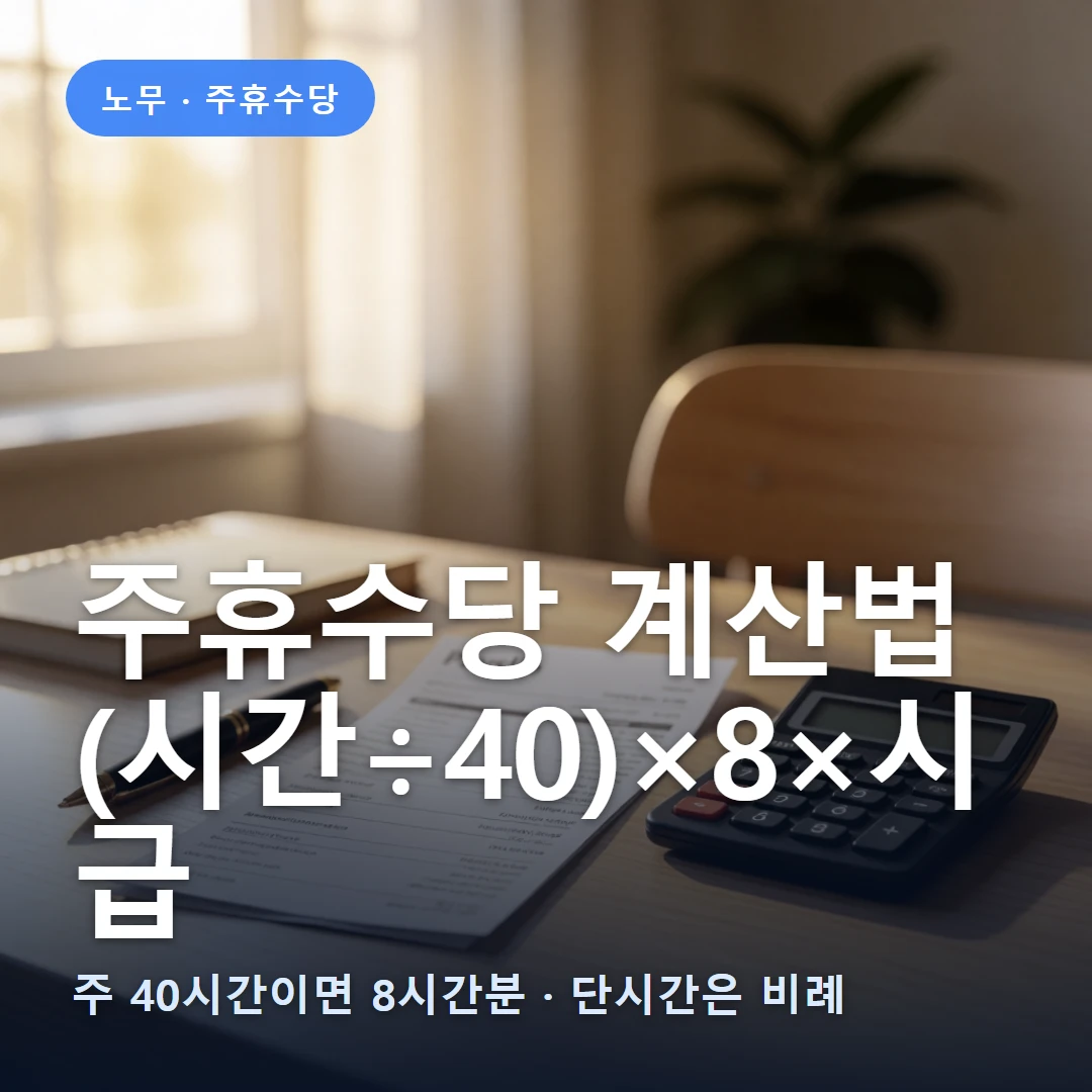주휴수당 계산법 요약 표지 — 주 40시간이면 8시간분 · 단시간은 비례