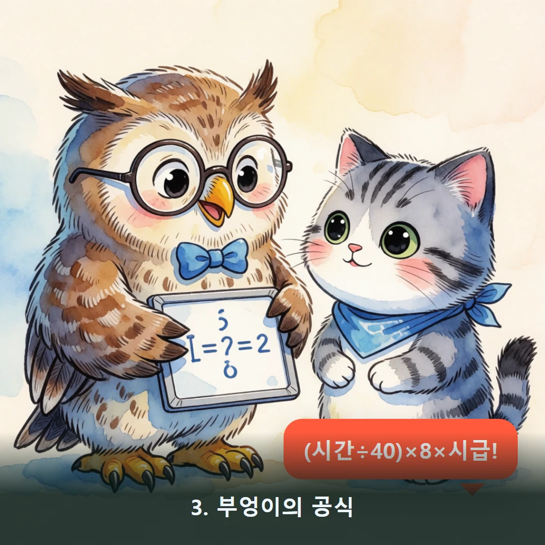 웹툰 3컷 — 3. 부엉이의 공식 ((시간÷40)×8×시급!)