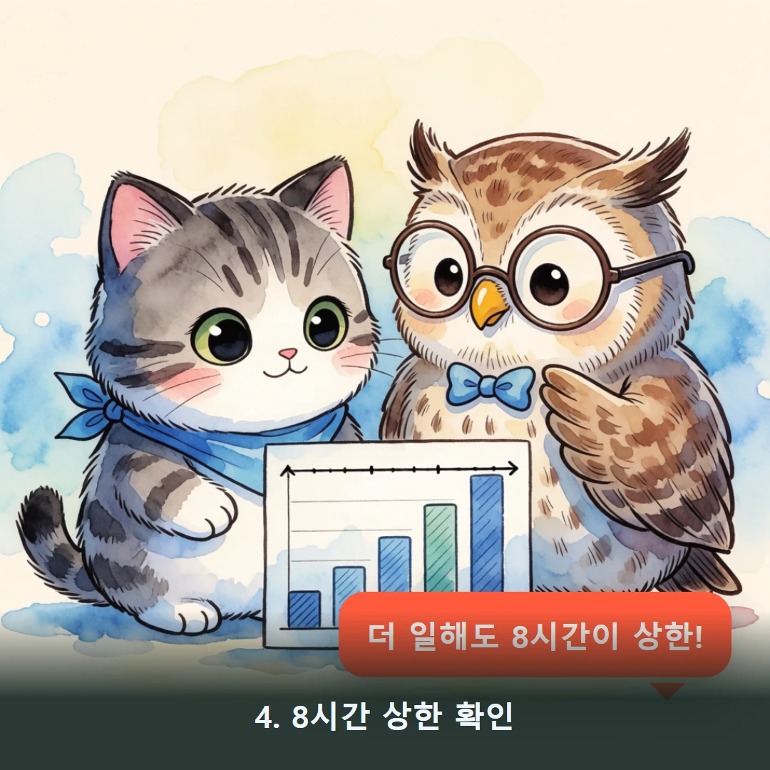 웹툰 4컷 — 4. 8시간 상한 확인 (더 일해도 8시간이 상한!)