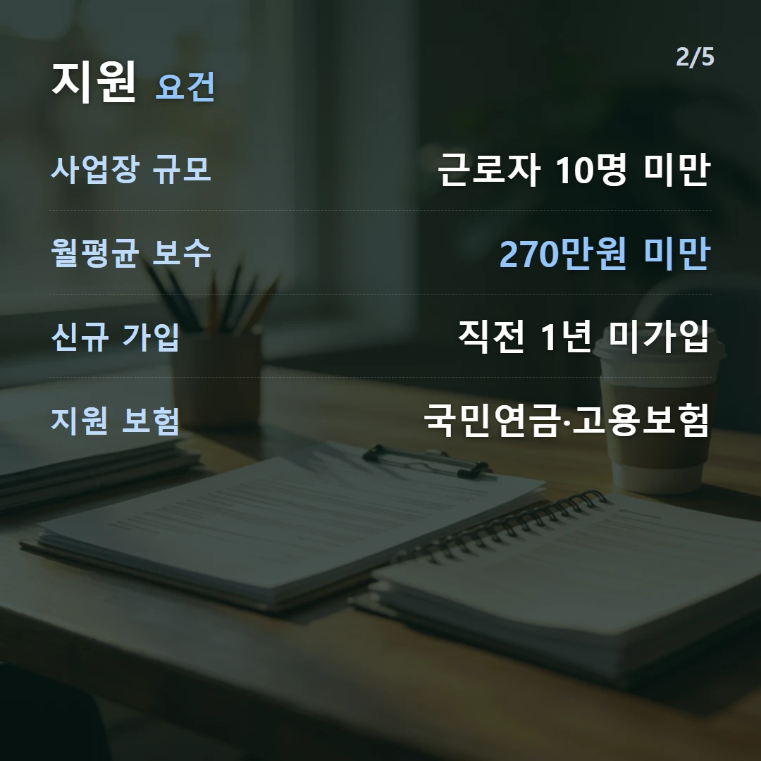 지원 요건 — 사업장 규모 근로자 10명 미만, 월평균 보수 270만원 미만, 신규 가입 직전 1년 미가입, 지원 보험 국민연금·고용보험