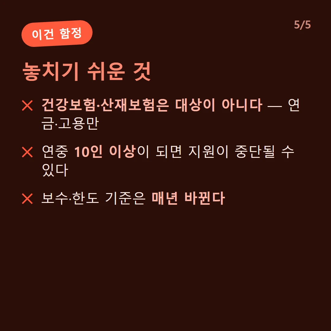 놓치기 쉬운 것 — 건강보험·산재보험은 대상이 아니다 — 연금·고용만 / 연중 10인 이상이 되면 지원이 중단될 수 있다 / 보수·한도 기준은 매년 바뀐다