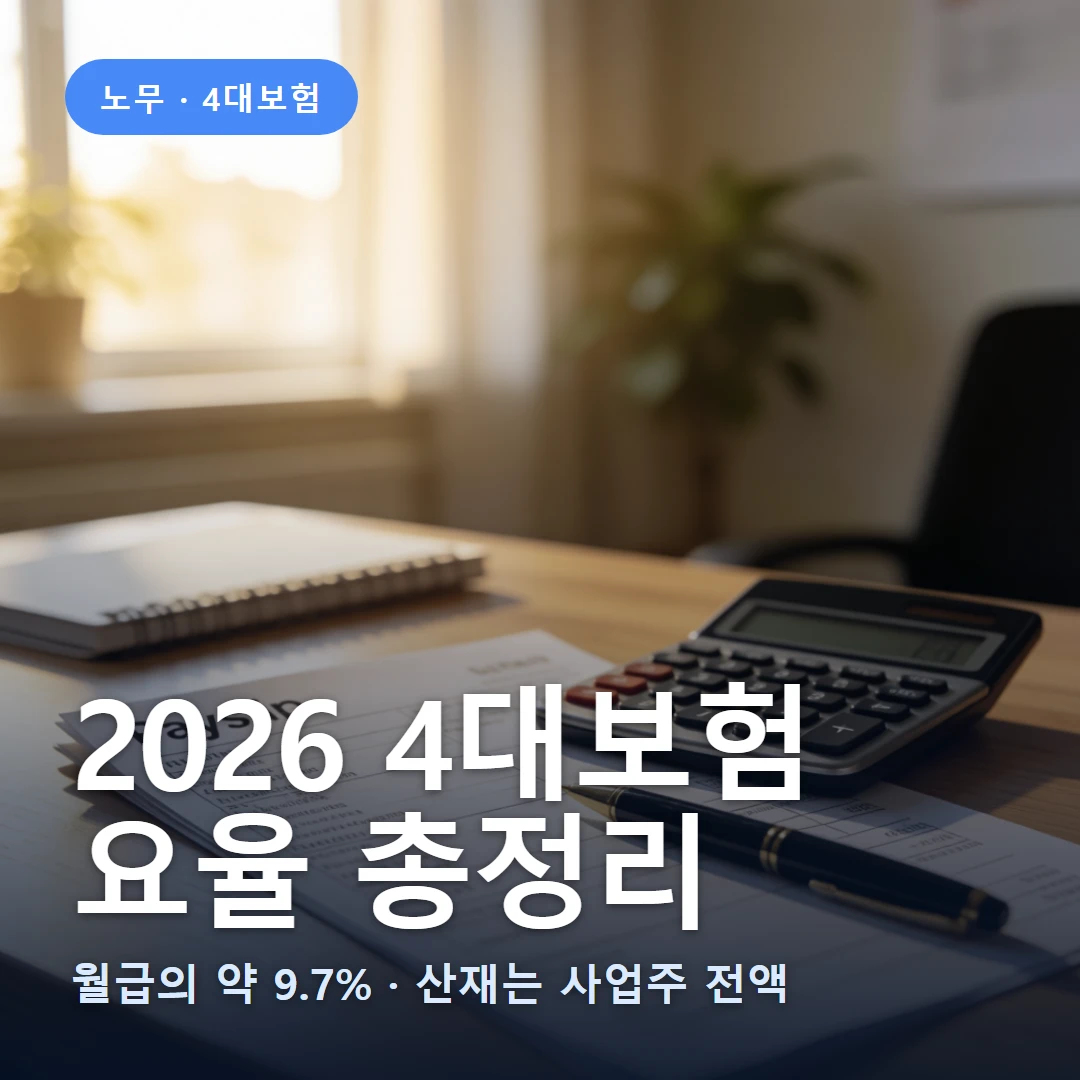 2026 4대보험 요율 요약 표지 — 월급의 약 9.7% · 산재는 사업주 전액