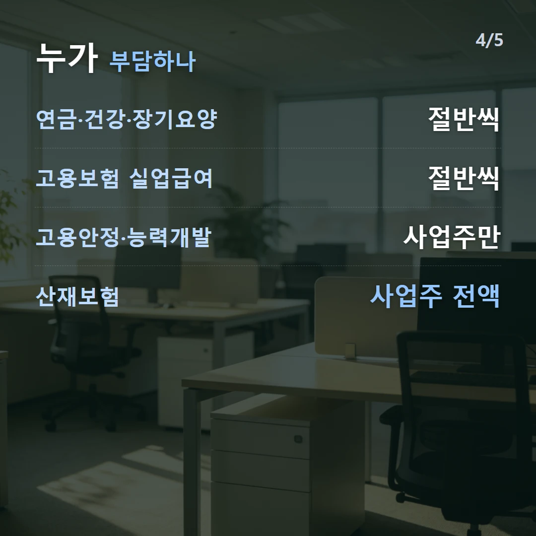 누가 부담하나 — 연금·건강·장기요양 절반씩, 고용보험 실업급여 절반씩, 고용안정·능력개발 사업주만, 산재보험 사업주 전액