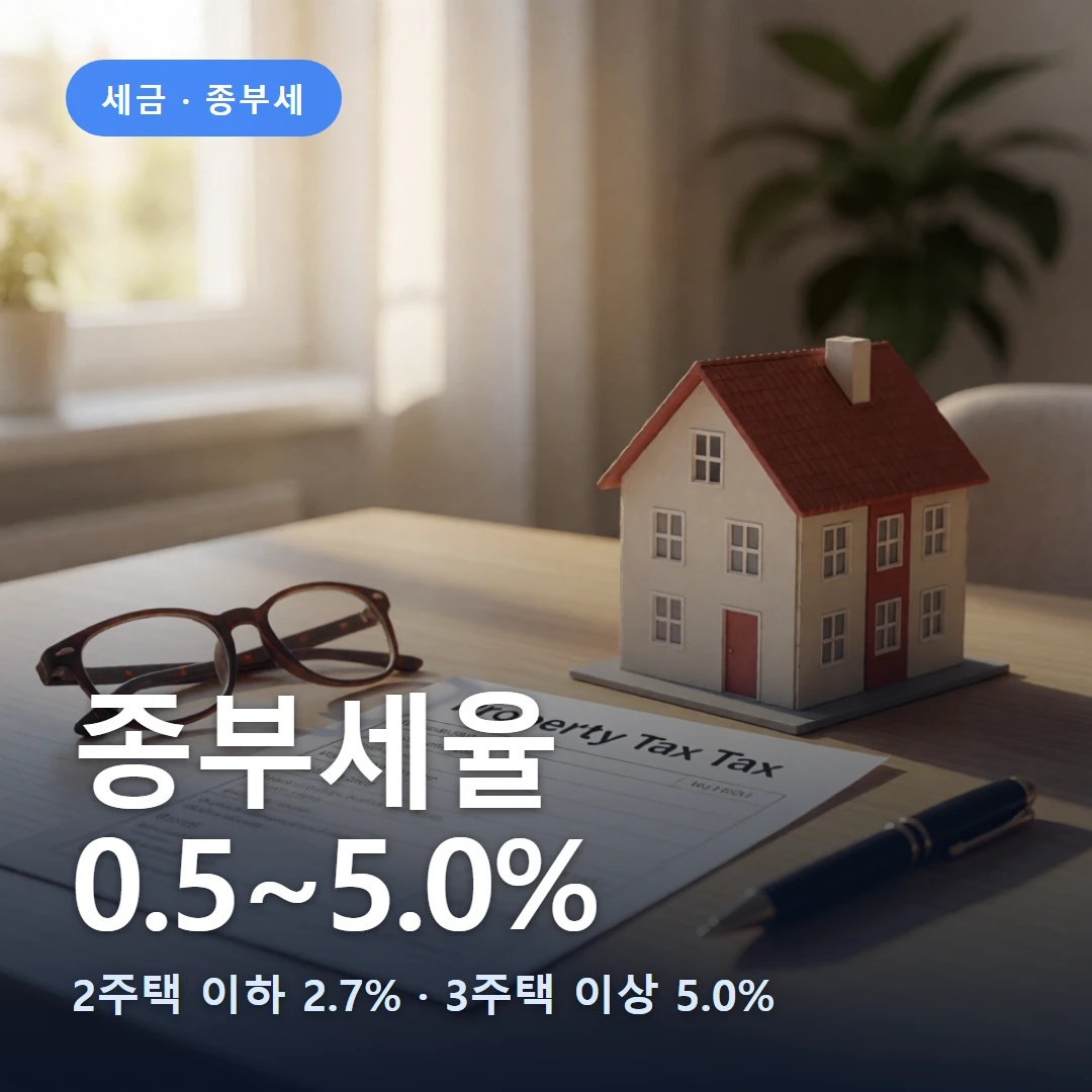 종부세율 요약 표지 — 2주택 이하 2.7% · 3주택 이상 5.0%