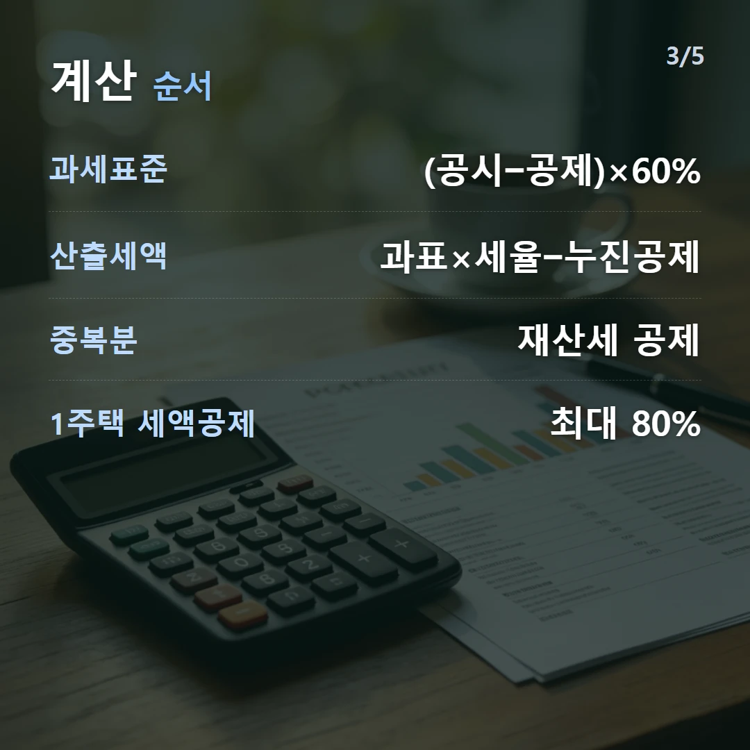 계산 순서 — 과세표준 (공시−공제)×60%, 산출세액 과표×세율−누진공제, 중복분 재산세 공제, 1주택 세액공제 최대 80%