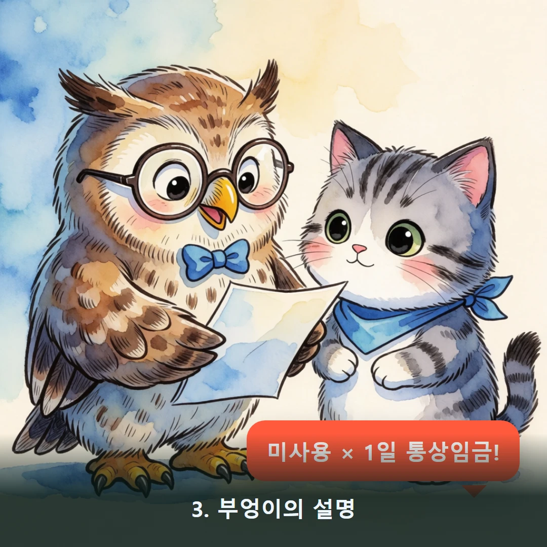 웹툰 3컷 — 3. 부엉이의 설명 (미사용 × 1일 통상임금!)