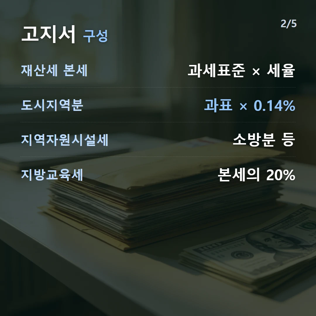 고지서 구성 — 재산세 본세 과세표준 × 세율, 도시지역분 과표 × 0.14%, 지역자원시설세 소방분 등, 지방교육세 본세의 20%