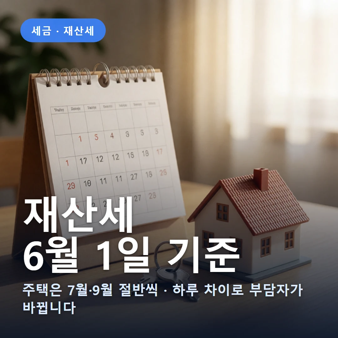 재산세 기준일·납기 요약 표지 — 주택은 7월·9월 절반씩 · 하루 차이로 부담자가 바뀝니다