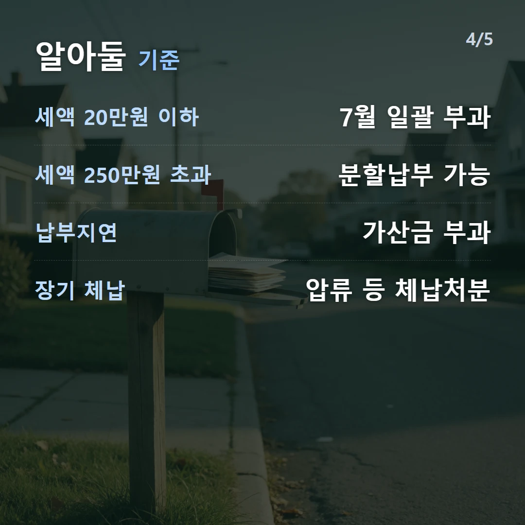 알아둘 기준 — 세액 20만원 이하 7월 일괄 부과, 세액 250만원 초과 분할납부 가능, 납부지연 가산금 부과, 장기 체납 압류 등 체납처분