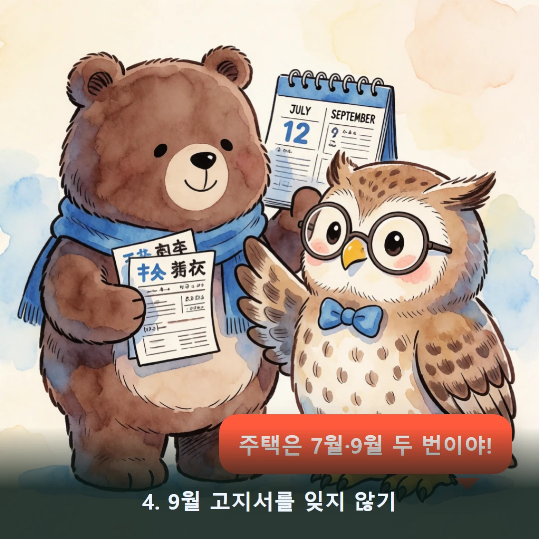 웹툰 4컷 — 4. 9월 고지서를 잊지 않기 (주택은 7월·9월 두 번이야!)