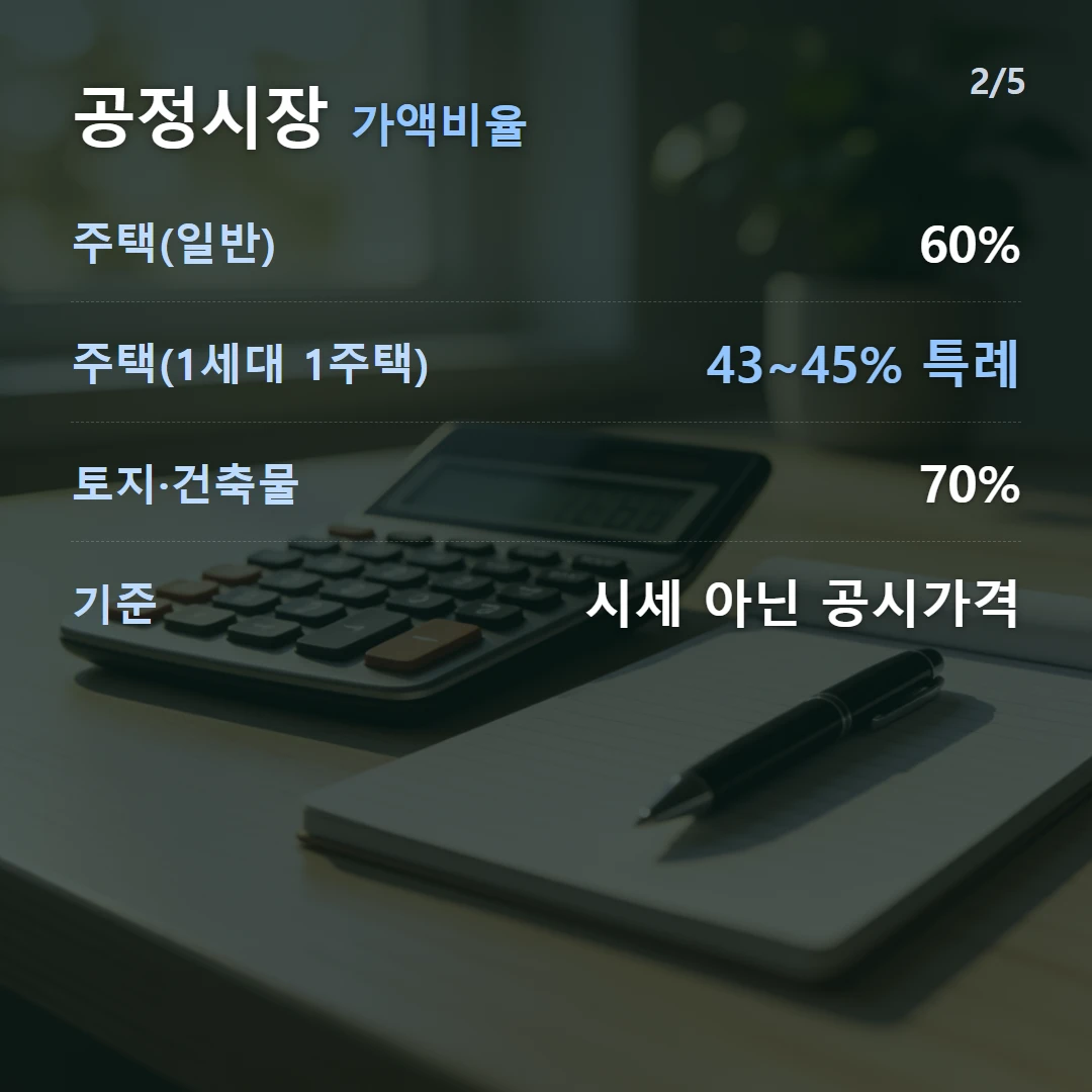 공정시장 가액비율 — 주택(일반) 60%, 주택(1세대 1주택) 43~45% 특례, 토지·건축물 70%, 기준 시세 아닌 공시가격