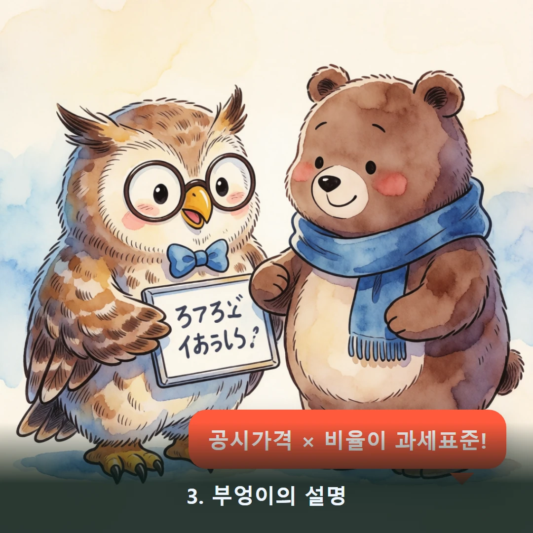 웹툰 3컷 — 3. 부엉이의 설명 (공시가격 × 비율이 과세표준!)