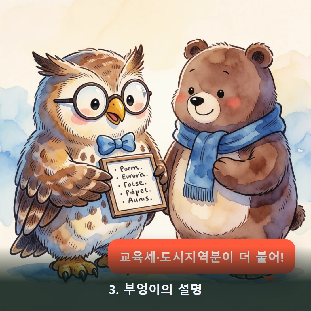 웹툰 3컷 — 3. 부엉이의 설명 (교육세·도시지역분이 더 붙어!)