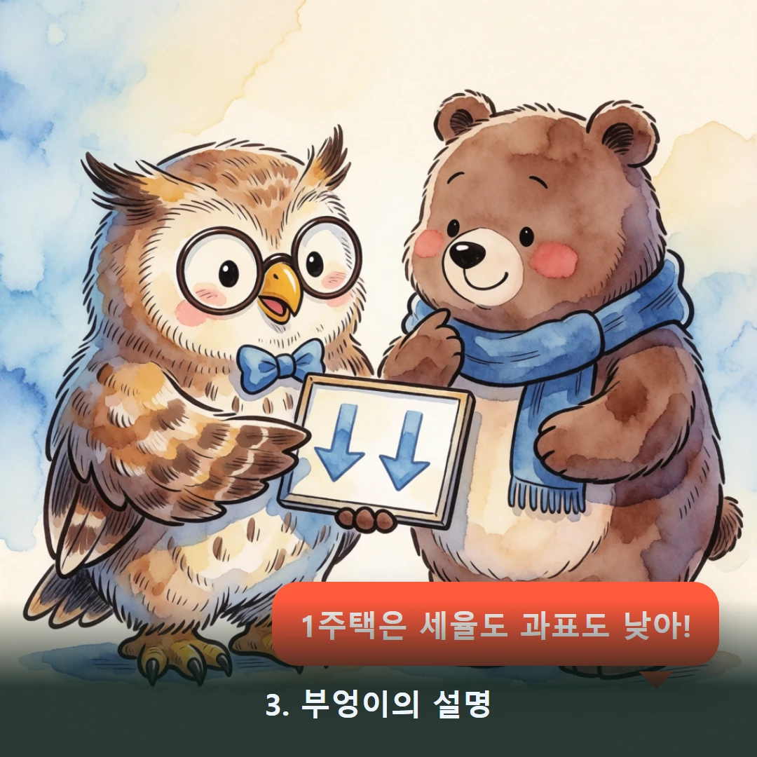 웹툰 3컷 — 3. 부엉이의 설명 (1주택은 세율도 과표도 낮아!)