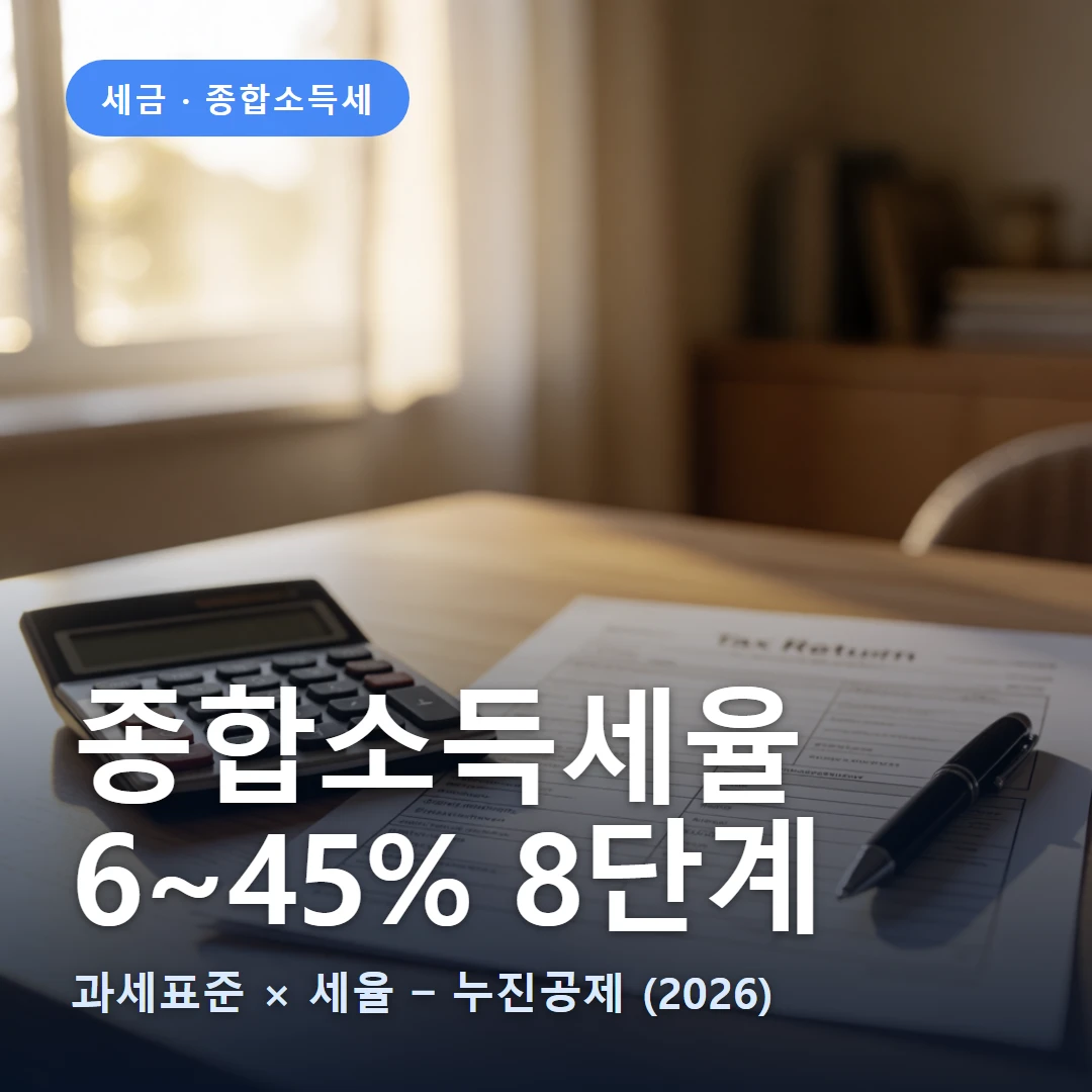 종합소득세율 요약 표지 — 과세표준 × 세율 − 누진공제 (2026)