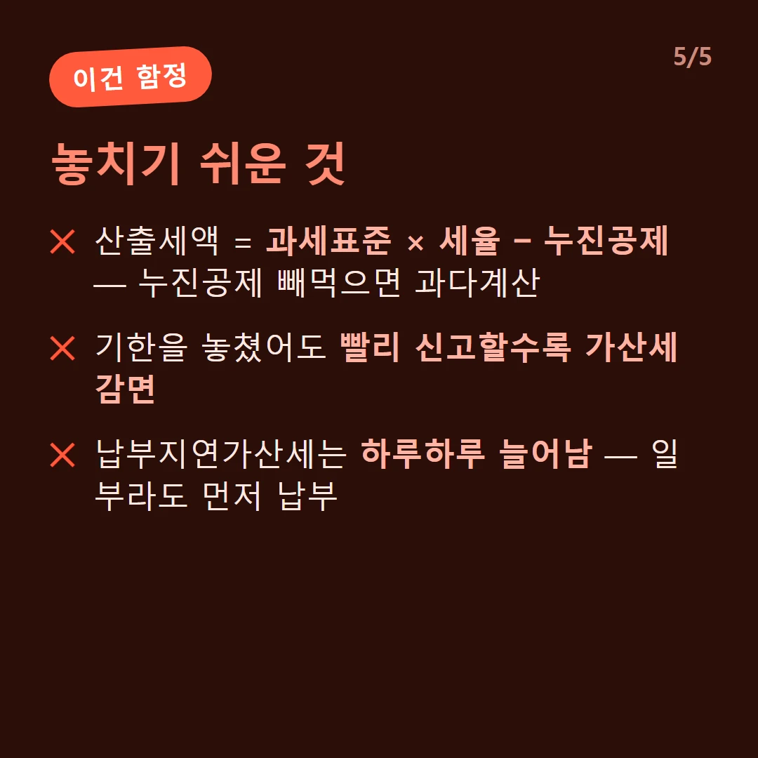 놓치기 쉬운 것 — 산출세액 = 과세표준 × 세율 − 누진공제 — 누진공제 빼먹으면 과다계산 / 기한을 놓쳤어도 빨리 신고할수록 가산세 감면 / 납부지연가산세는 하루하루 늘어남 — 일부라도 먼저 납부