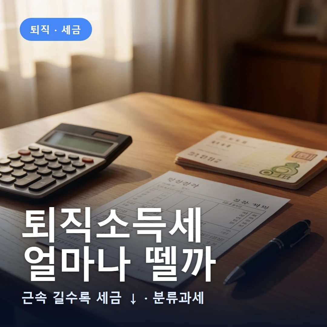 퇴직소득세 요약 표지 — 근속 길수록 세금 ↓ · 분류과세