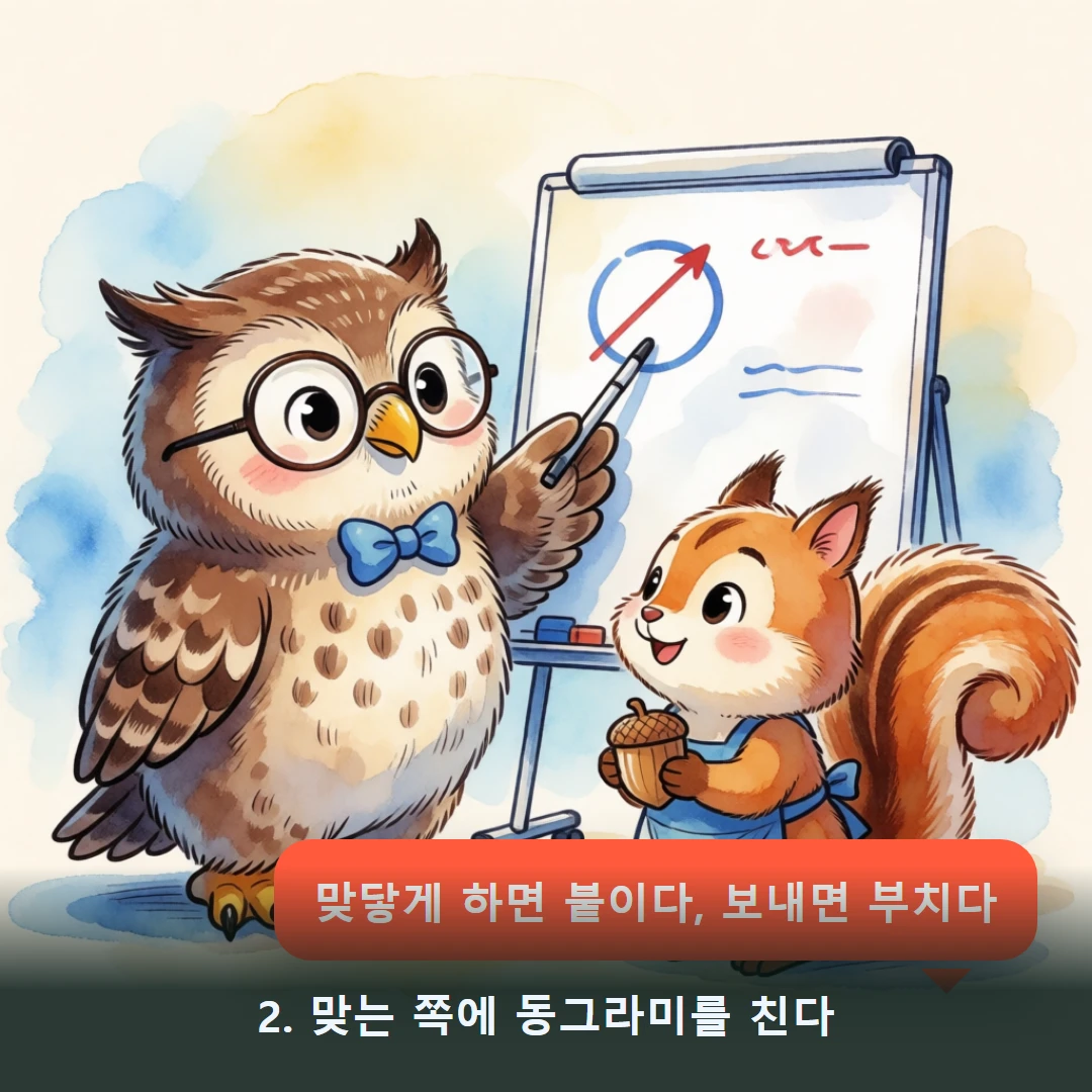 웹툰 2컷 — 2. 맞는 쪽에 동그라미를 친다 (맞닿게 하면 붙이다, 보내면 부치다)