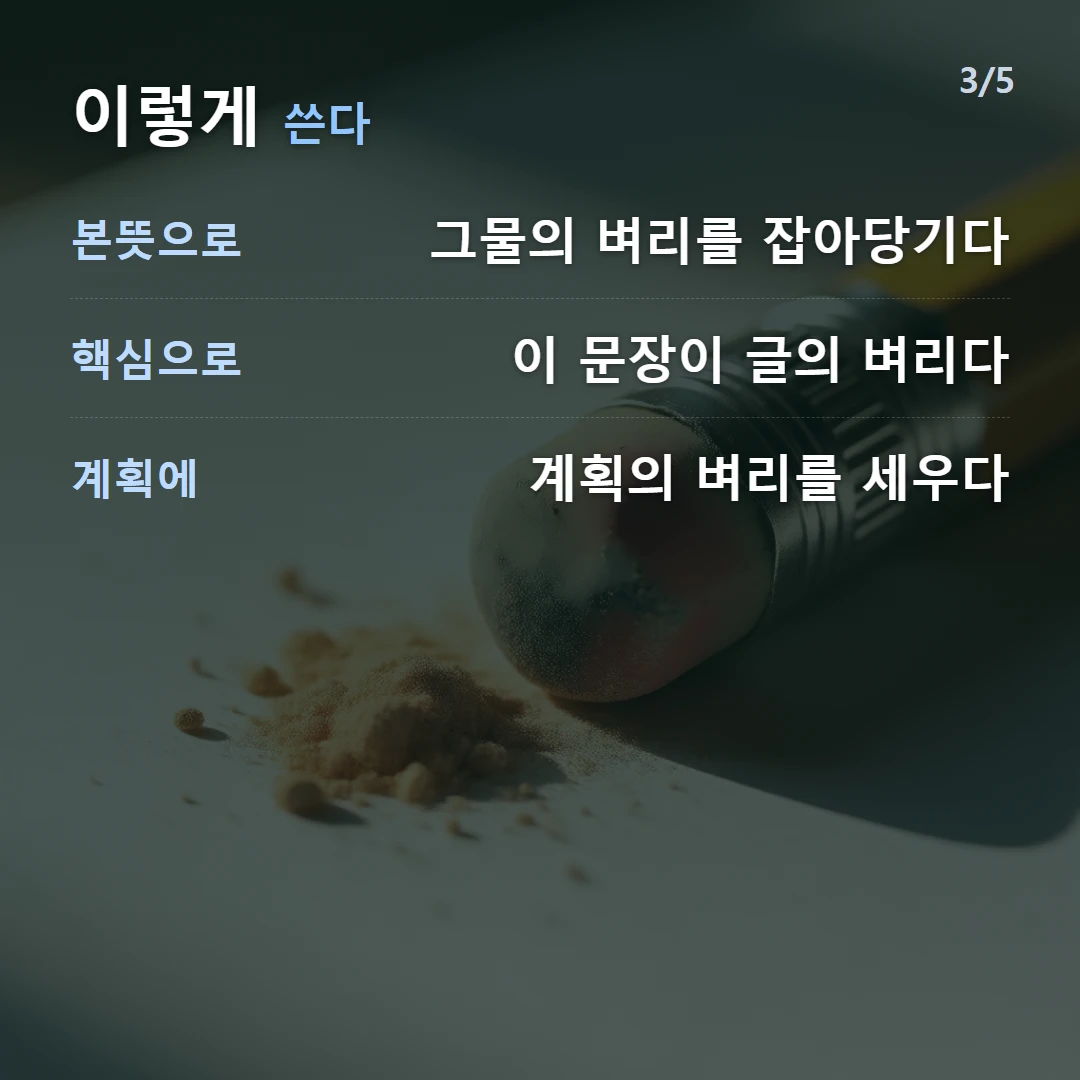 이렇게 쓴다 — 본뜻으로 그물의 벼리를 잡아당기다, 핵심으로 이 문장이 글의 벼리다, 계획에 계획의 벼리를 세우다