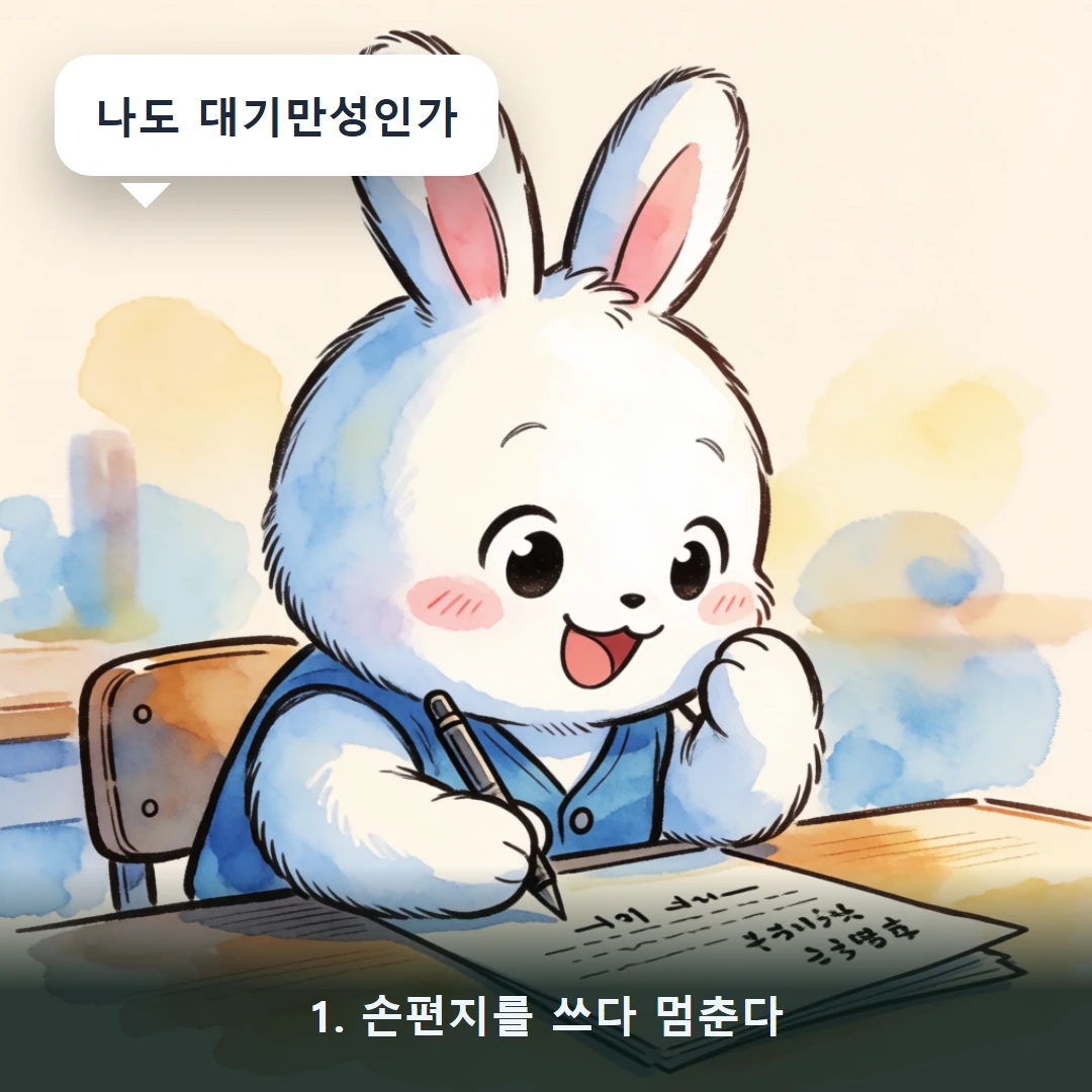 웹툰 1컷 — 1. 손편지를 쓰다 멈춘다 (나도 대기만성인가)