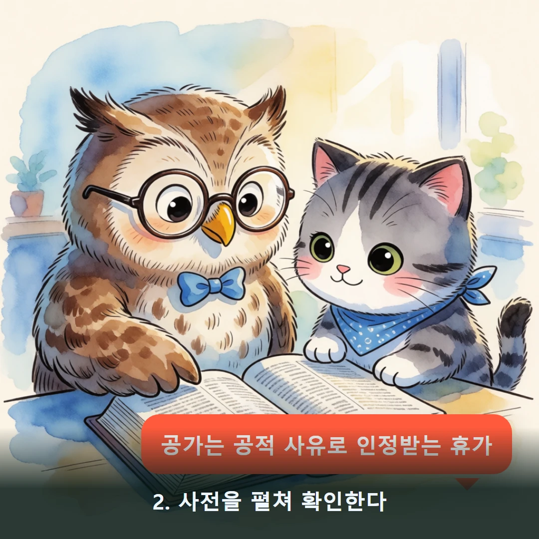 웹툰 2컷 — 2. 사전을 펼쳐 확인한다 (공가는 공적 사유로 인정받는 휴가)