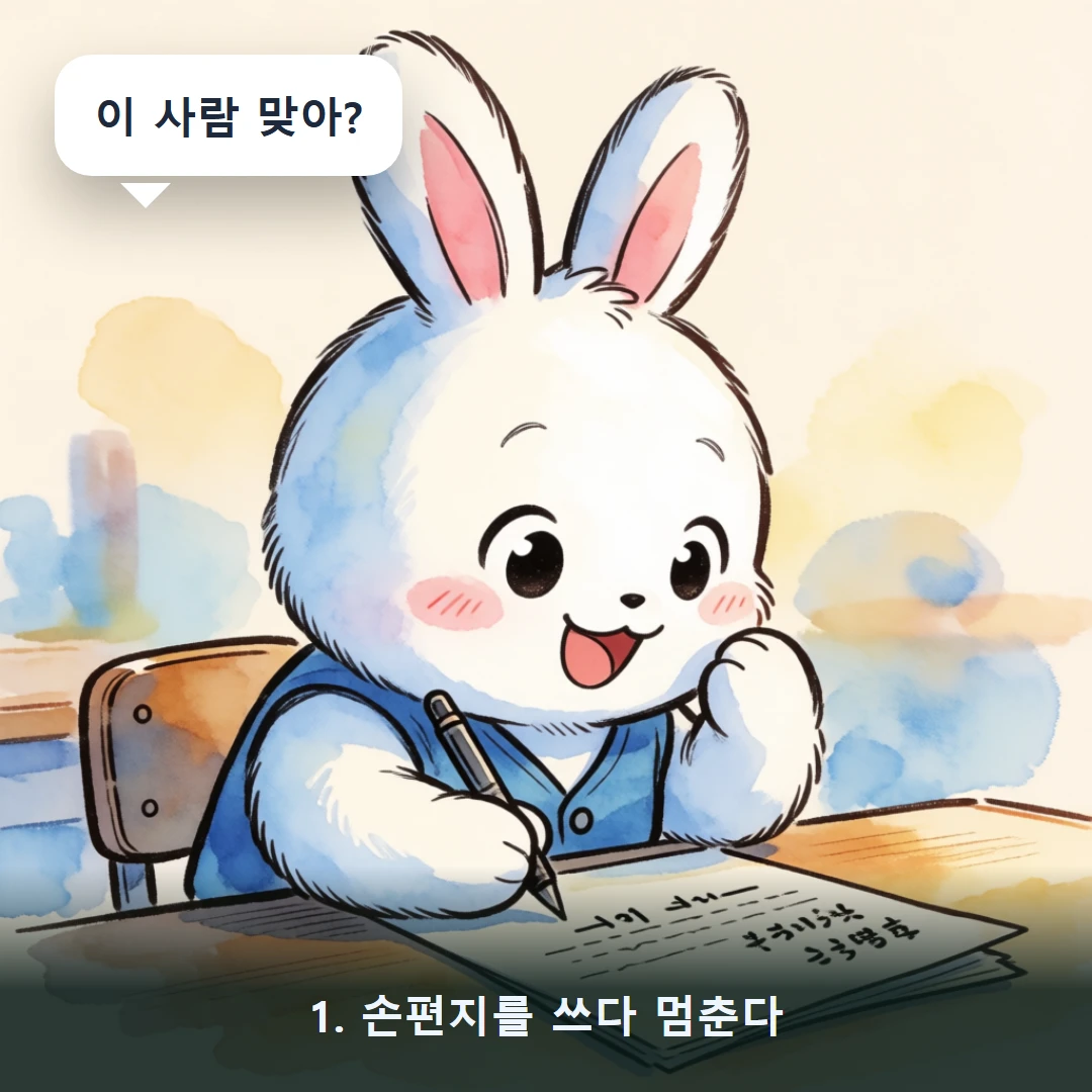 웹툰 1컷 — 1. 손편지를 쓰다 멈춘다 (이 사람 맞아?)