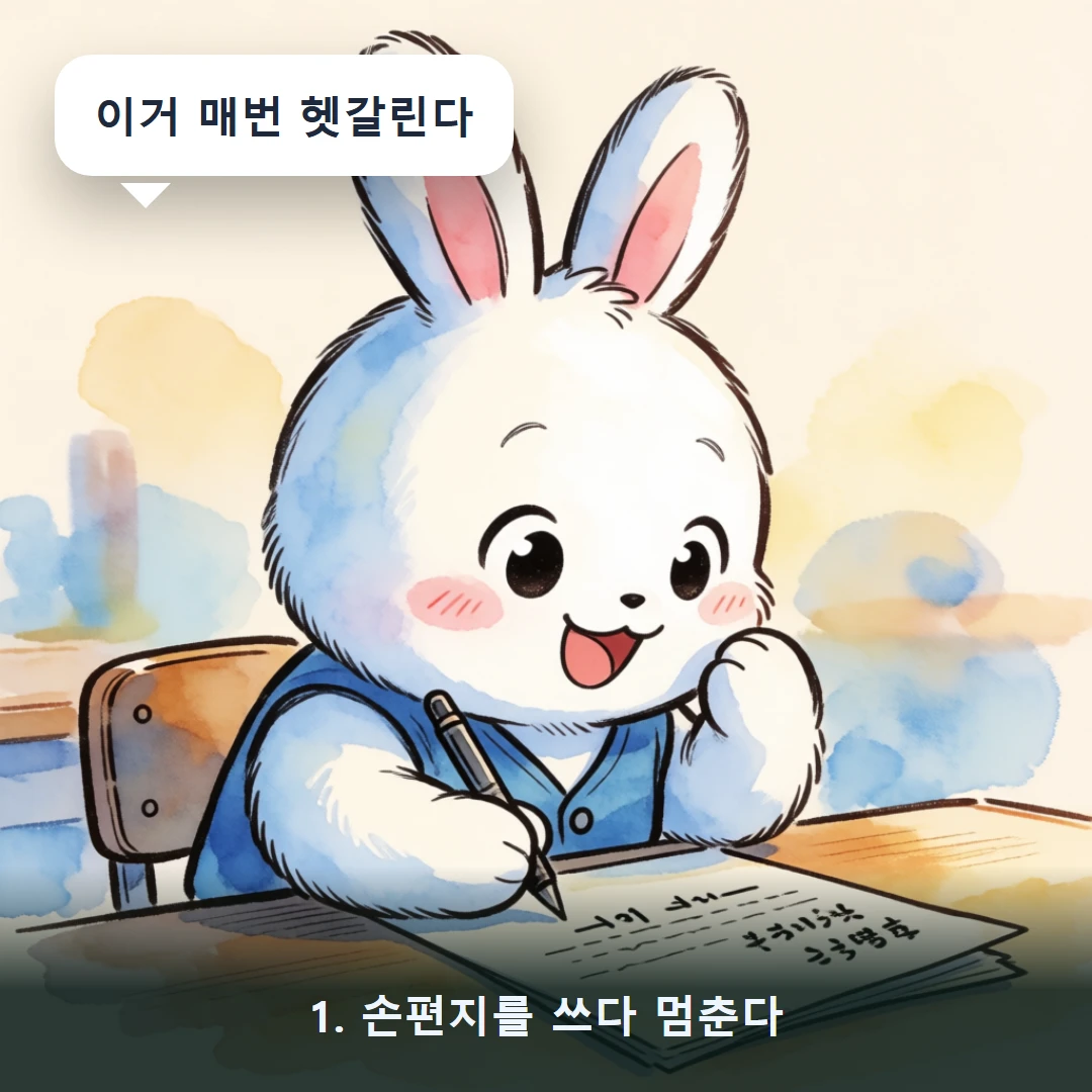 웹툰 1컷 — 1. 손편지를 쓰다 멈춘다 (이거 매번 헷갈린다)