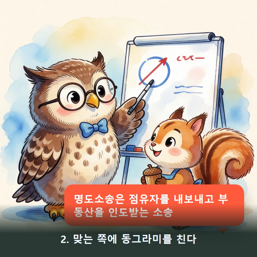 웹툰 2컷 — 2. 맞는 쪽에 동그라미를 친다 (명도소송은 점유자를 내보내고 부동산을 인도받는 소송)