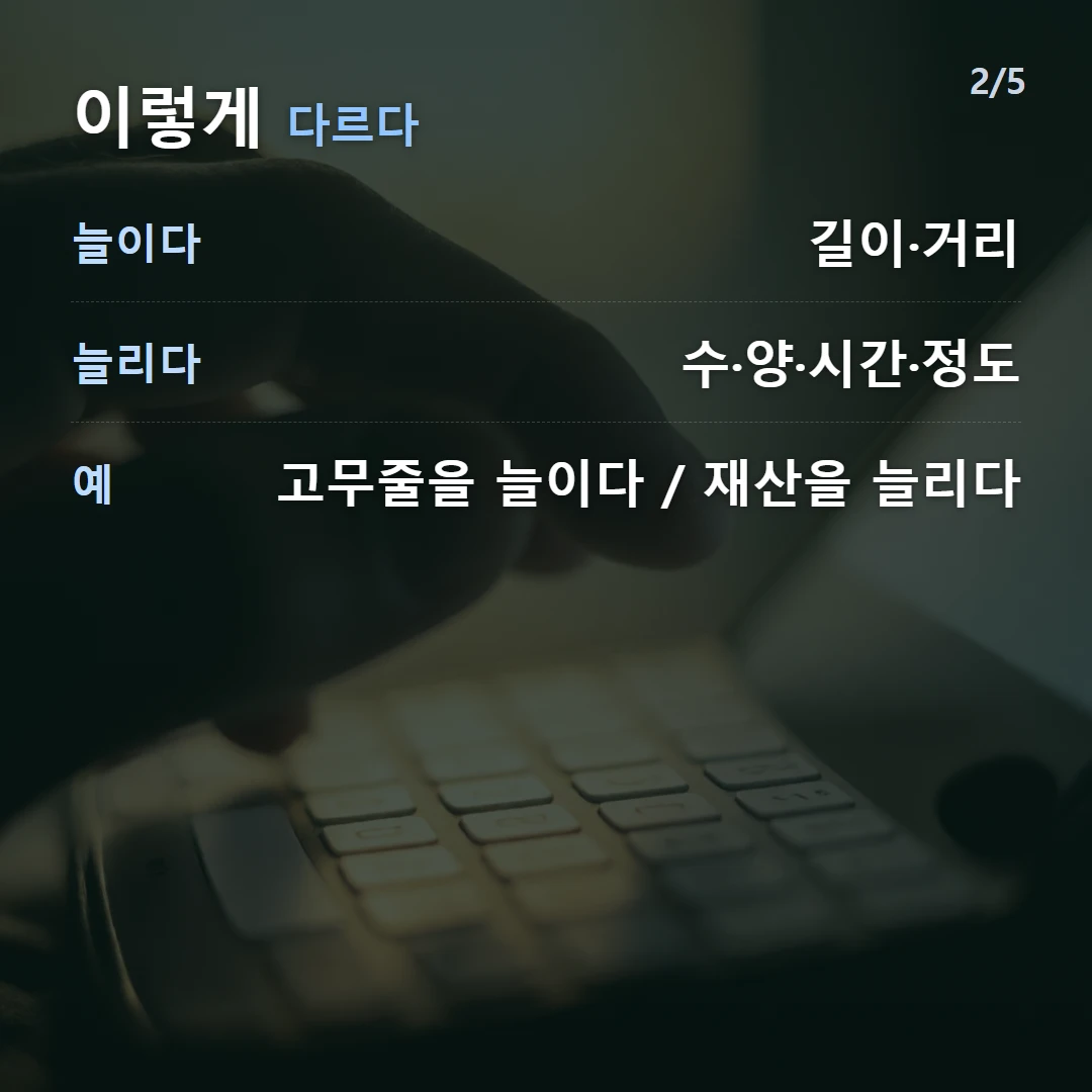 이렇게 다르다 — 늘이다 길이·거리, 늘리다 수·양·시간·정도, 예 고무줄을 늘이다 / 재산을 늘리다
