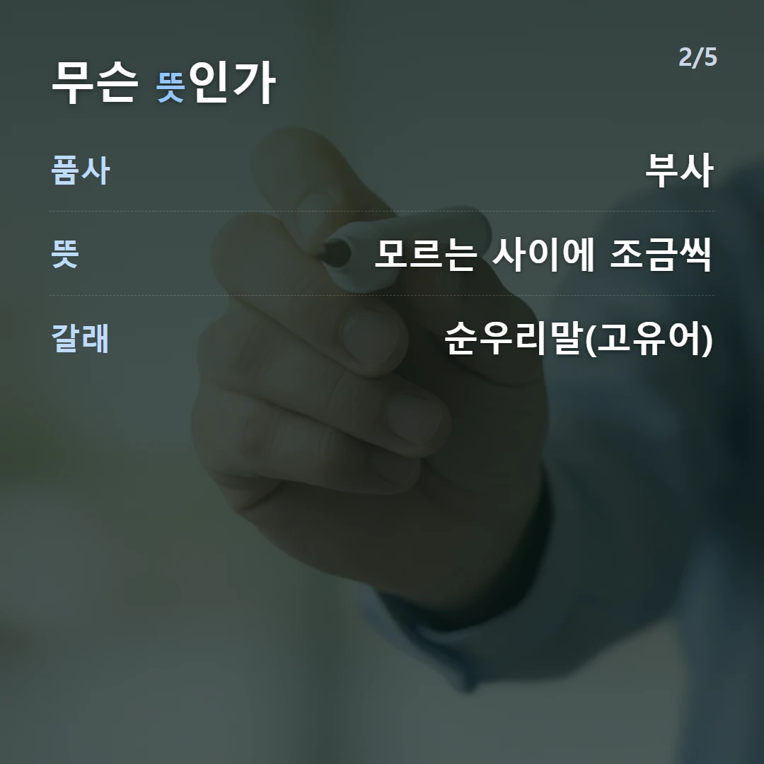 무슨 뜻인가 — 품사 부사, 뜻 모르는 사이에 조금씩, 갈래 순우리말(고유어)