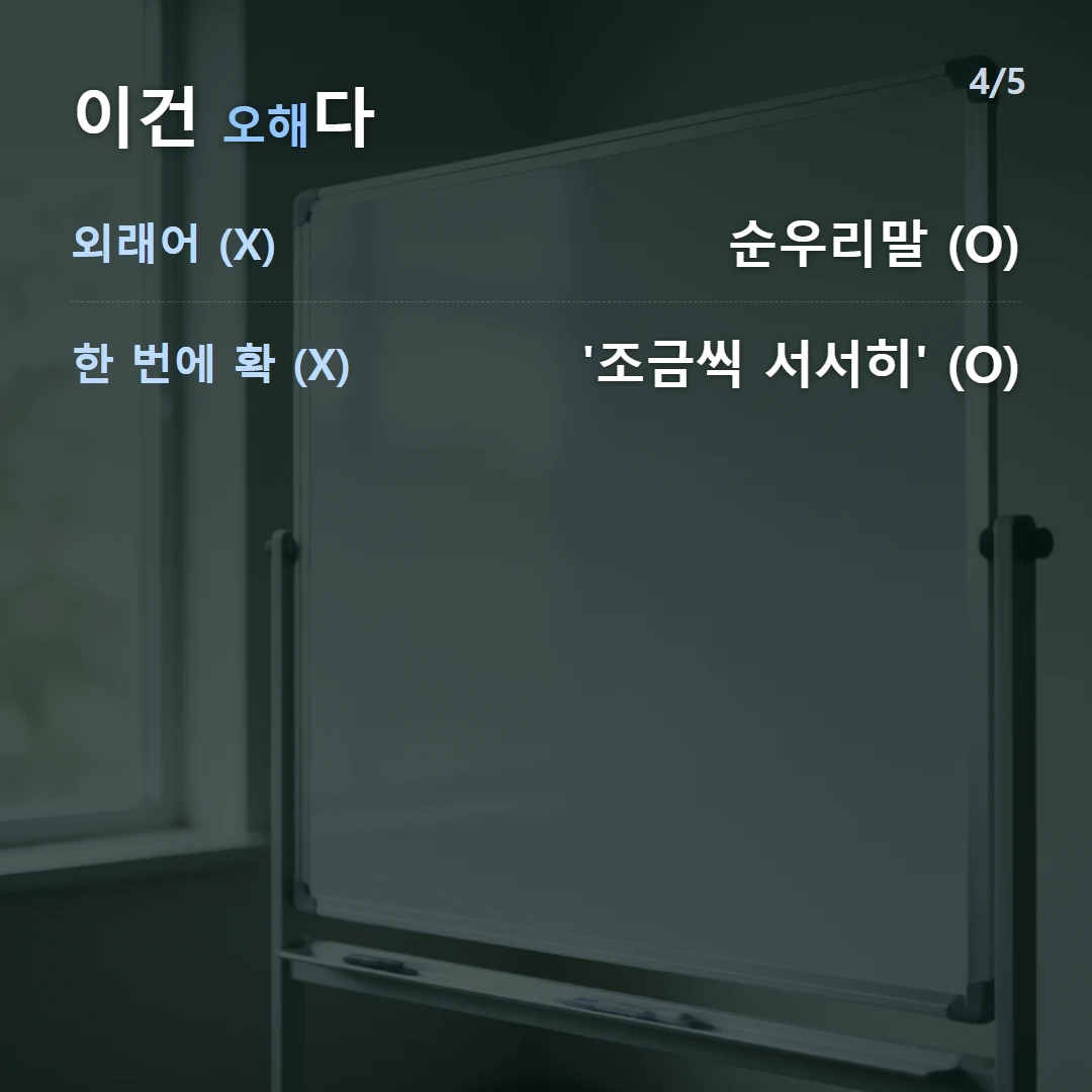 이건 오해다 — 외래어 (X) 순우리말 (O), 한 번에 확 (X) '조금씩 서서히' (O)