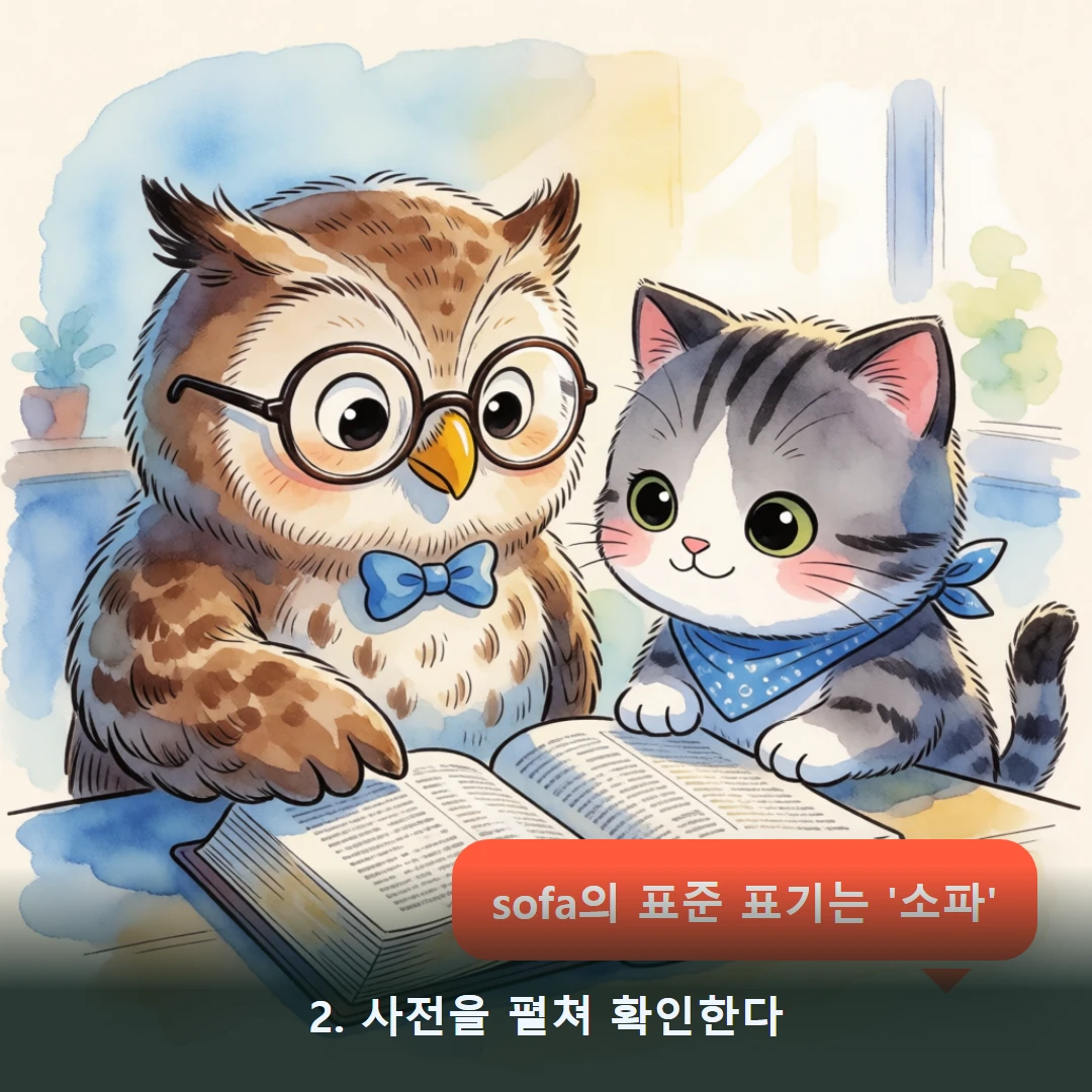 웹툰 2컷 — 2. 사전을 펼쳐 확인한다 (sofa의 표준 표기는 '소파')