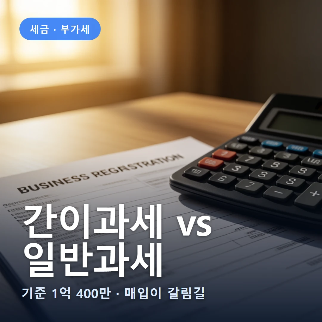 간이과세 vs 일반과세 요약 표지 — 기준 1억 400만 · 매입이 갈림길