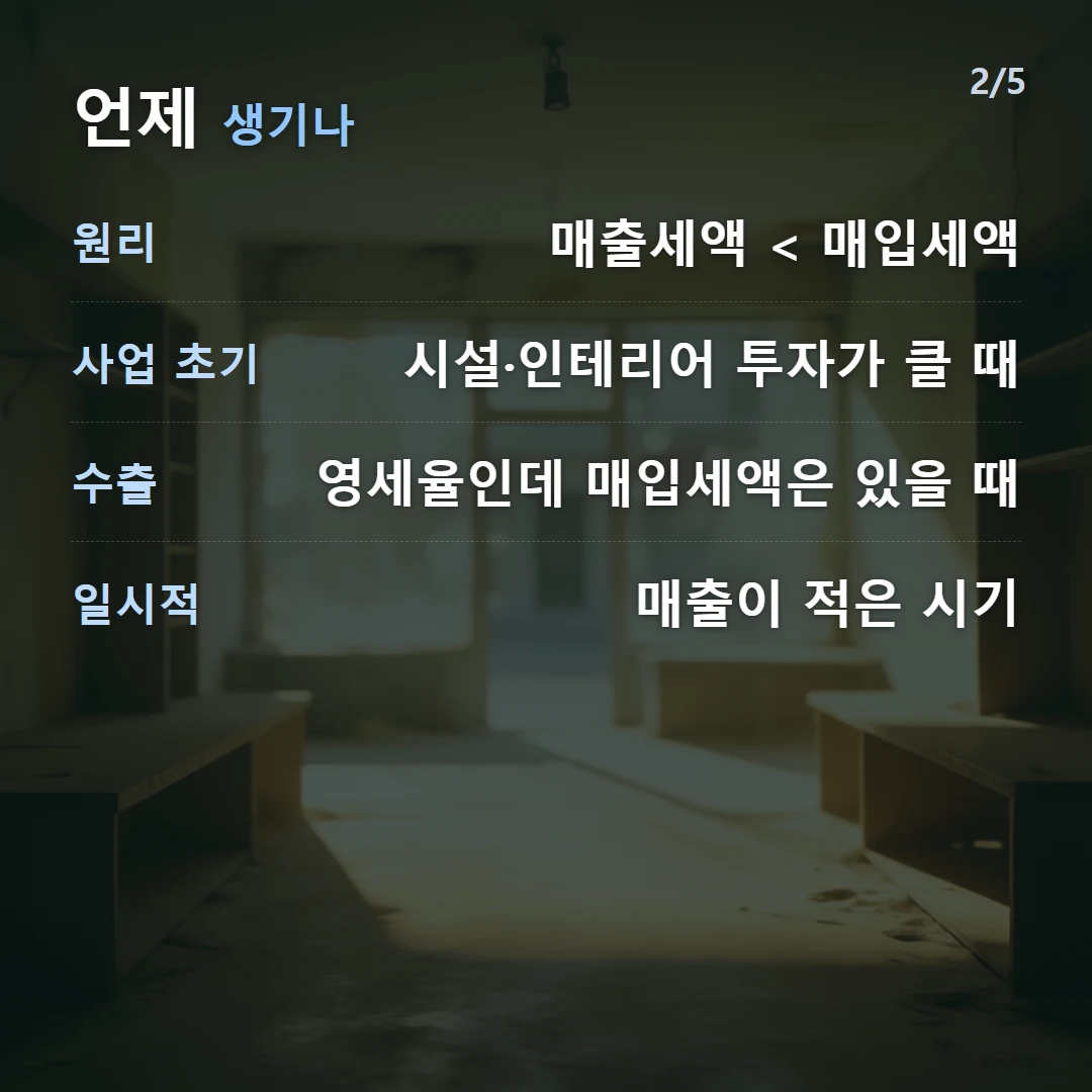 언제 생기나 — 원리 매출세액 < 매입세액, 사업 초기 시설·인테리어 투자가 클 때, 수출 영세율인데 매입세액은 있을 때, 일시적 매출이 적은 시기