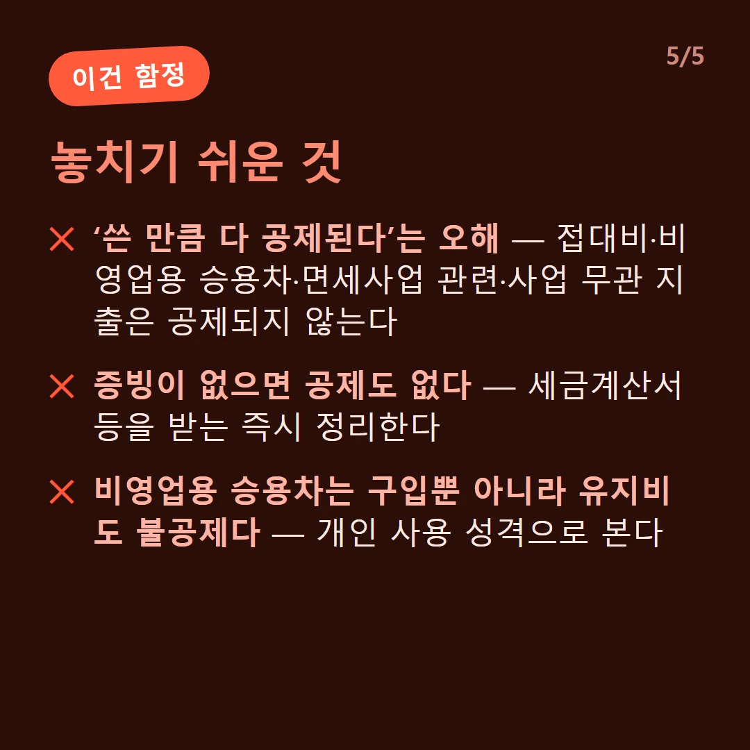 놓치기 쉬운 것 — ‘쓴 만큼 다 공제된다’는 오해 — 접대비·비영업용 승용차·면세사업 관련·사업 무관 지출은 공제되지 않는다 / 증빙이 없으면 공제도 없다 — 세금계산서 등을 받는 즉시 정리한다 / 비영업용 승용차는 구입뿐 아니라 유지비도 불공제다 — 개인 사용 성격으로 본다