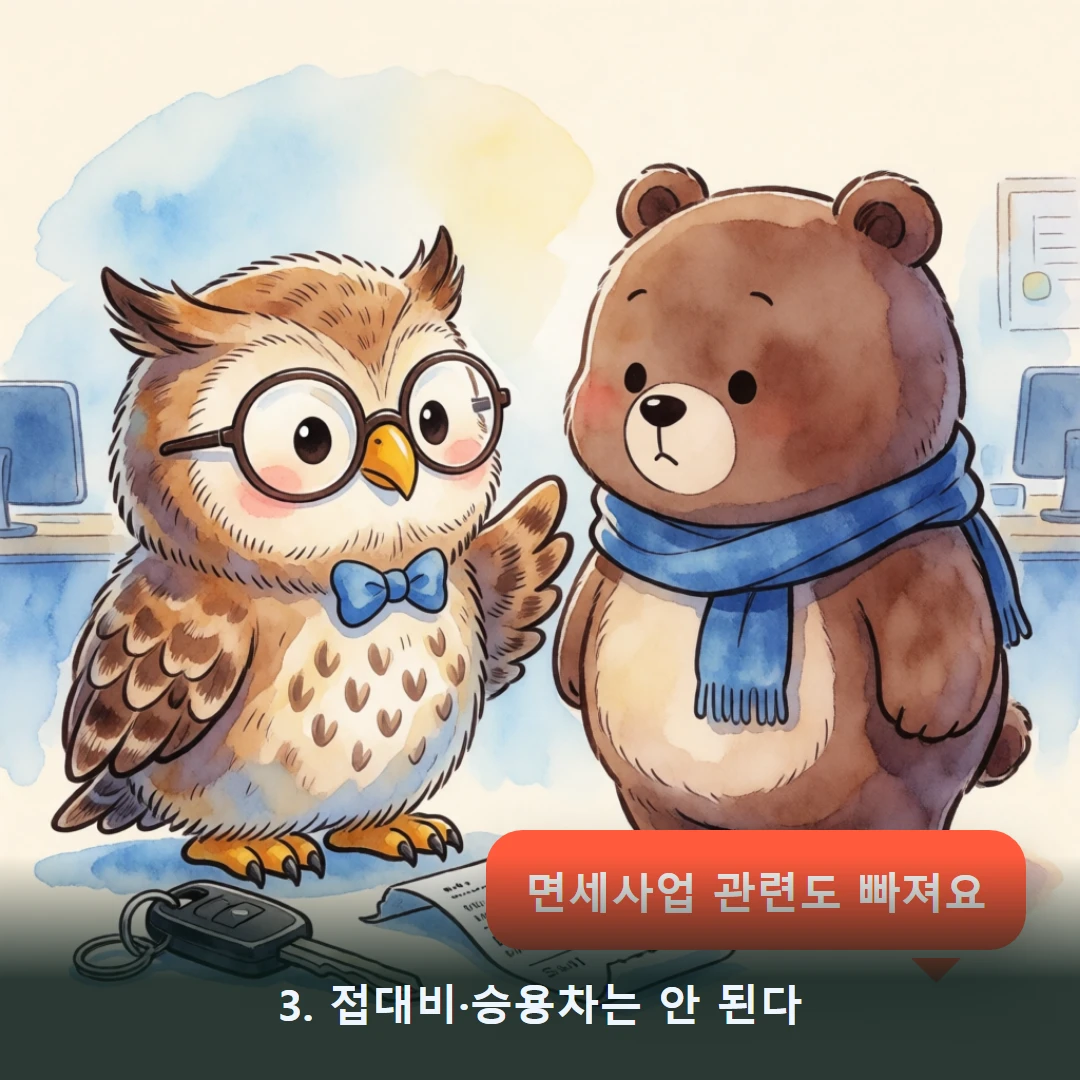 웹툰 3컷 — 3. 접대비·승용차는 안 된다 (면세사업 관련도 빠져요)