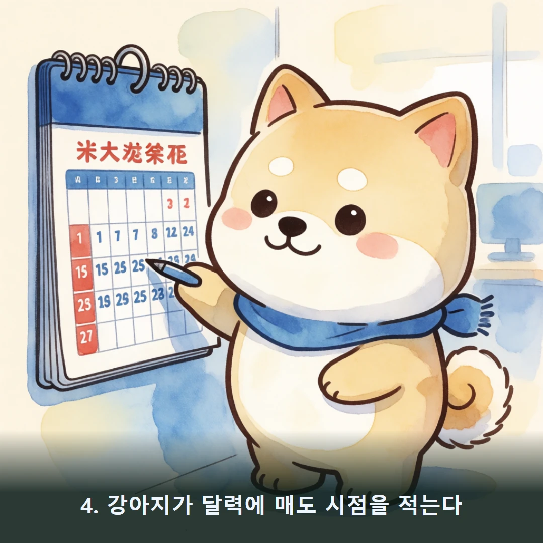 웹툰 4컷 — 4. 강아지가 달력에 매도 시점을 적는다
